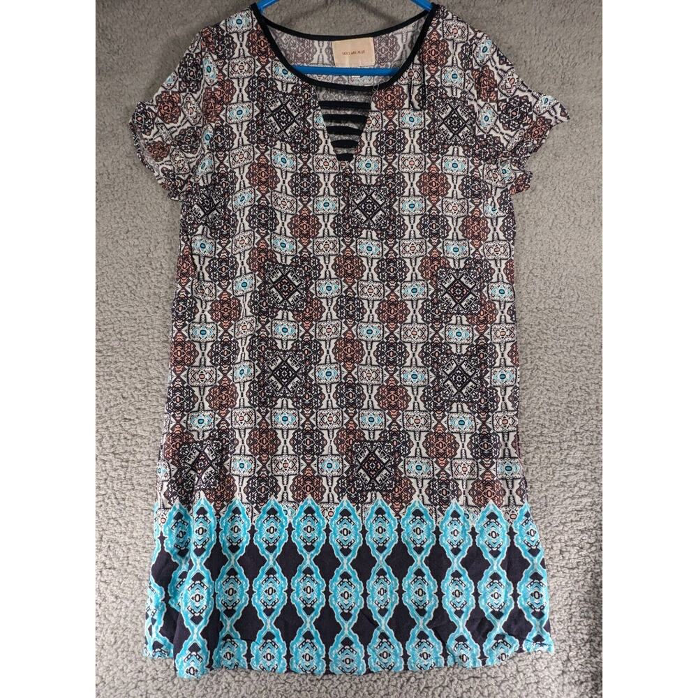 Skies Are Blue Dress Large Petite Boho Geometric Print V-Neck Short Sleeve Dress